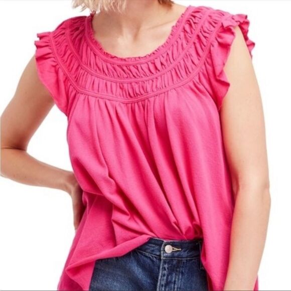 FREE PEOPLE | WE THE FREE Coconut Gathered Flutter Sleeve Pink Top Women’s Small - Picture 1 of 9